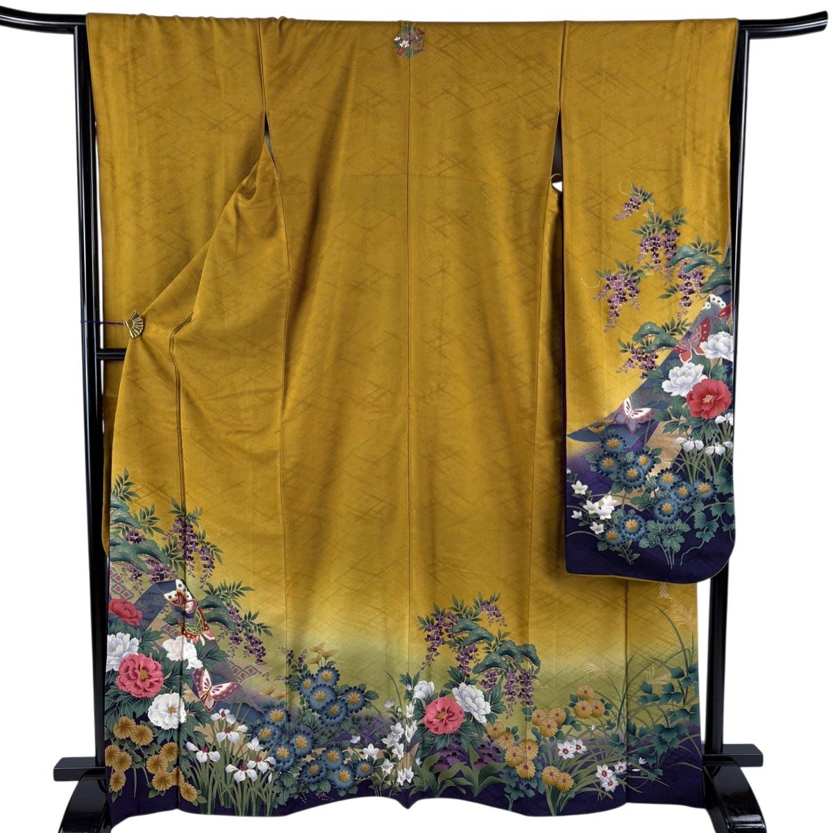 美品】 振袖 身丈163cm 裄丈66.5cm M 袷 蝶 橘 金糸 金彩 鶯色 正絹 秀