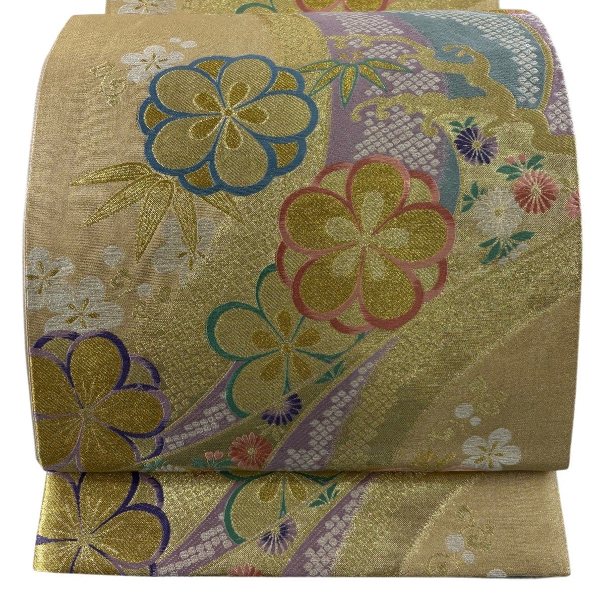 袋帯 秀品 梅 笹 金糸 刺繍 金色 六通 正絹｜中古・古着・リサイクル