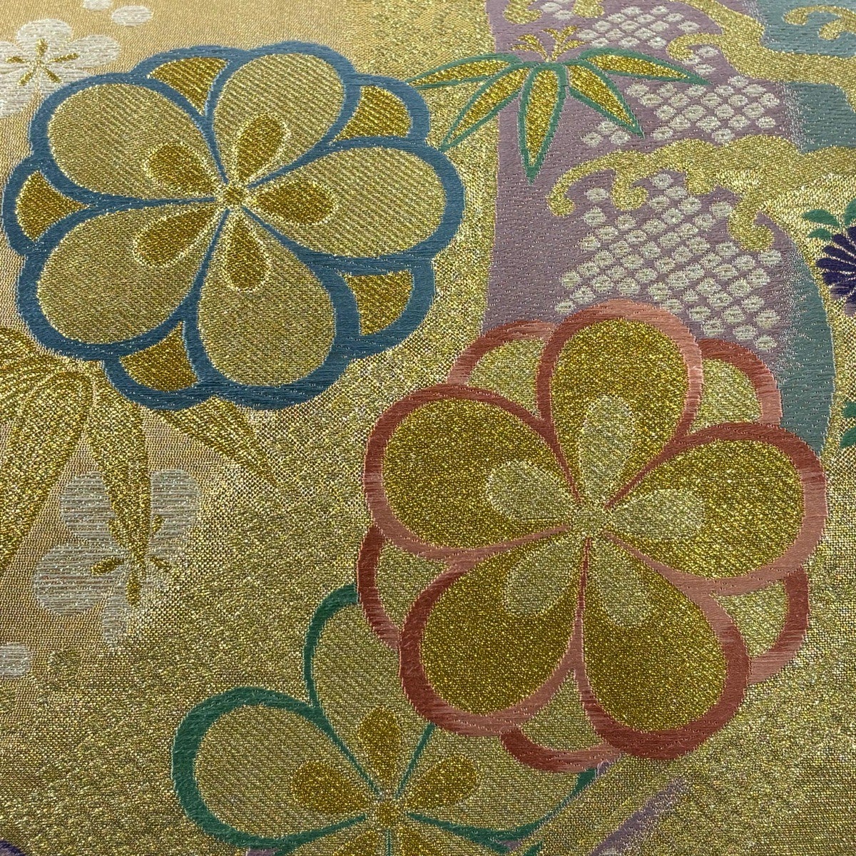最終価格】 70%OFF 袋帯 秀品 梅 笹 金糸 刺繍 金色 六通 正絹 K70