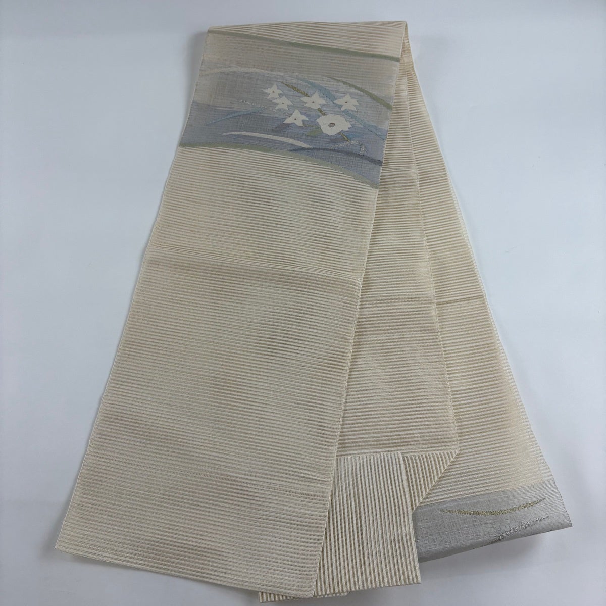 名古屋帯 秀品 夏帯 絽 八寸名古屋帯 松葉仕立て 草花 金銀糸 クリーム
