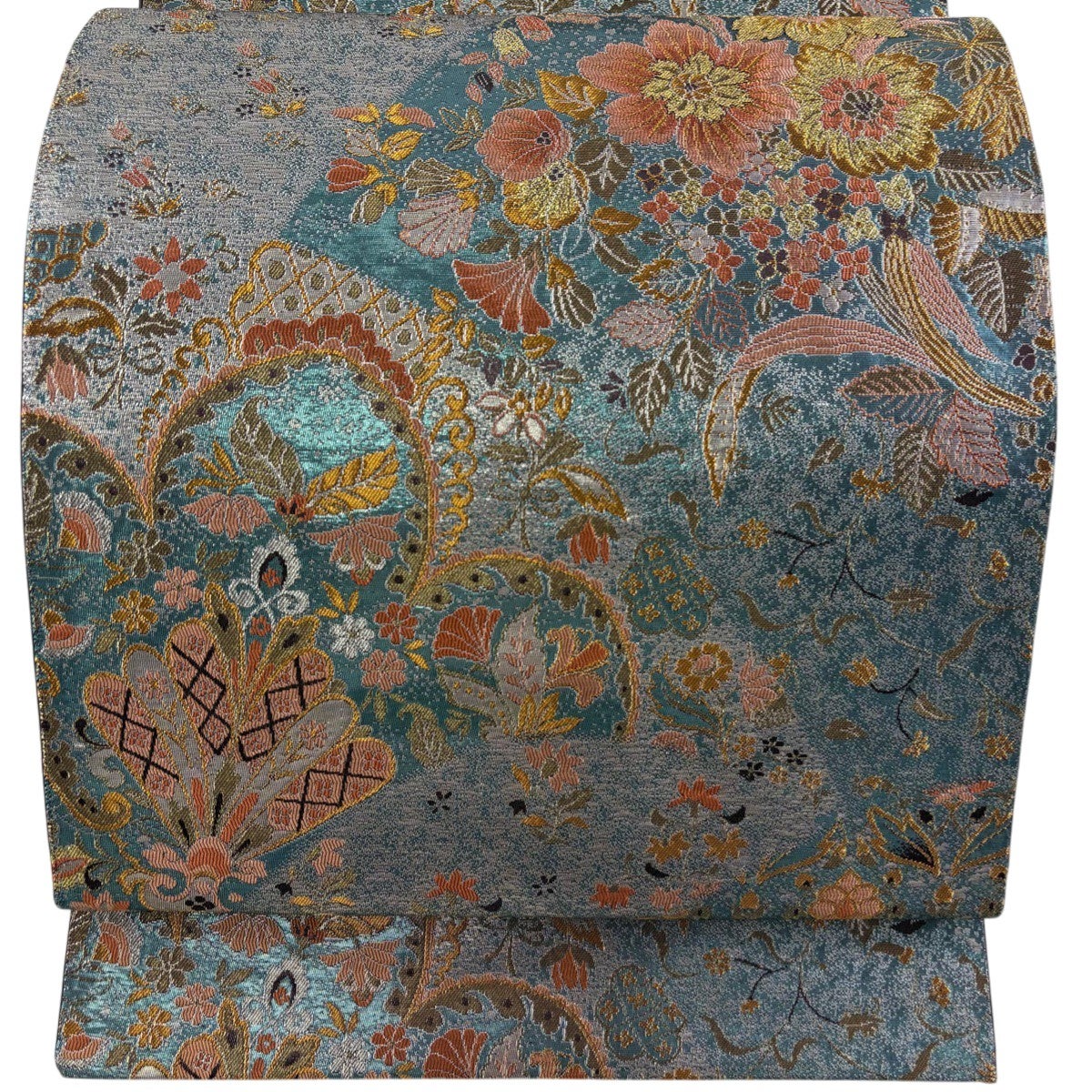 美品】 袋帯 秀品 花唐草 唐織 箔 灰茶 六通 正絹｜中古・古着