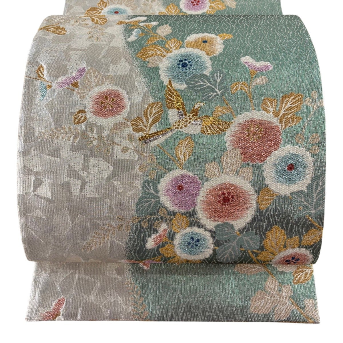 美品】 袋帯 秀品 草花 鳥 箔 金銀糸 薄緑 六通 正絹｜中古・古着