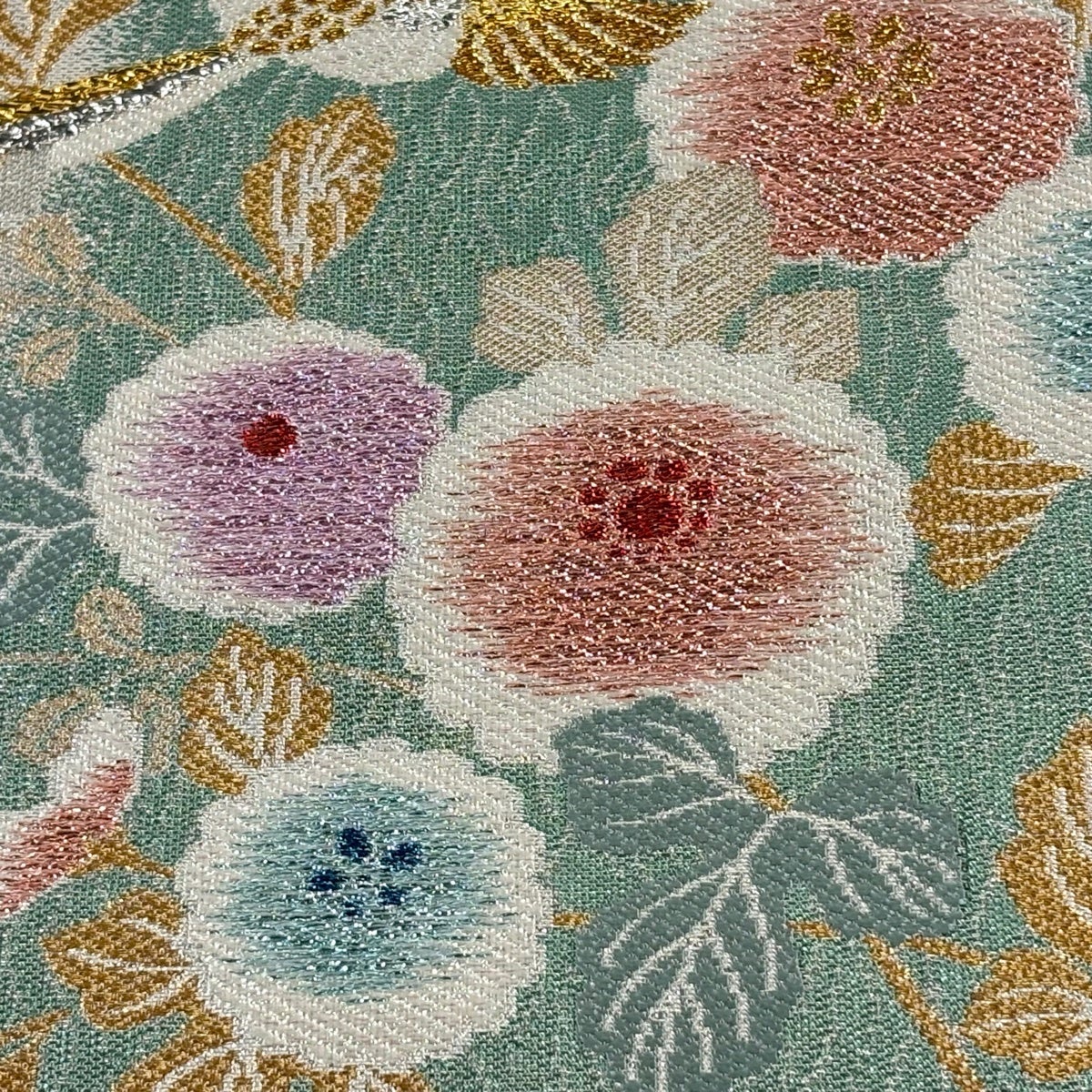 美品】 袋帯 秀品 草花 鳥 箔 金銀糸 薄緑 六通 正絹｜中古・古着
