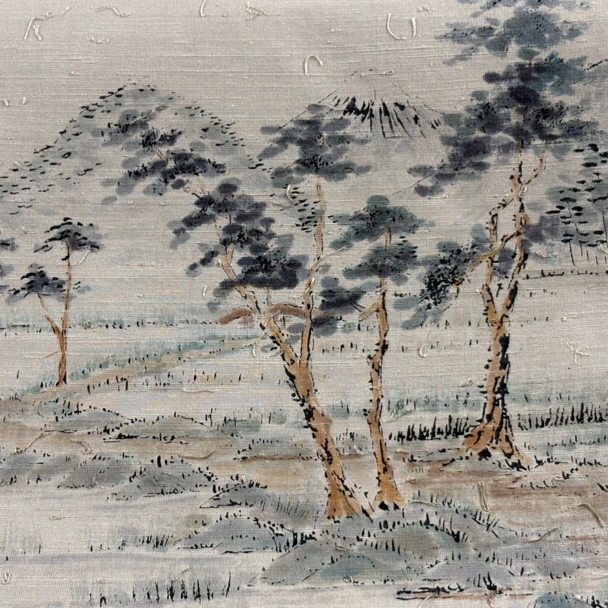 美品】 名古屋帯 優品 髭紬地 山並み 樹木 灰紫 正絹｜中古・古着