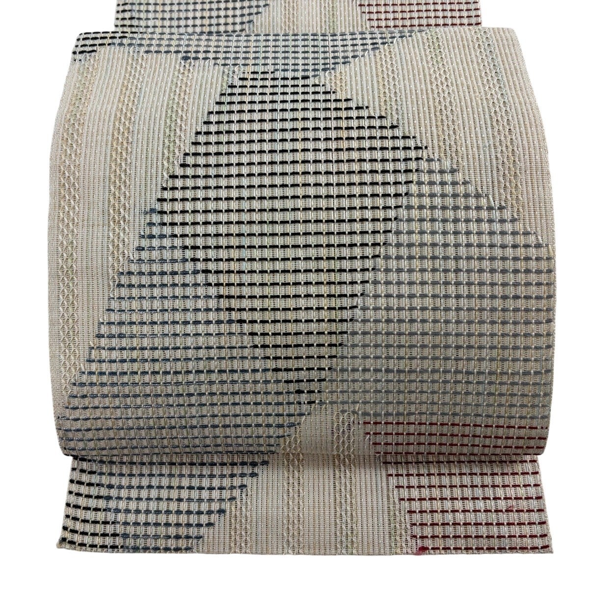 名古屋帯 秀品 夏帯 松葉仕立て 八寸名古屋帯 幾何学 灰色 正絹｜中古