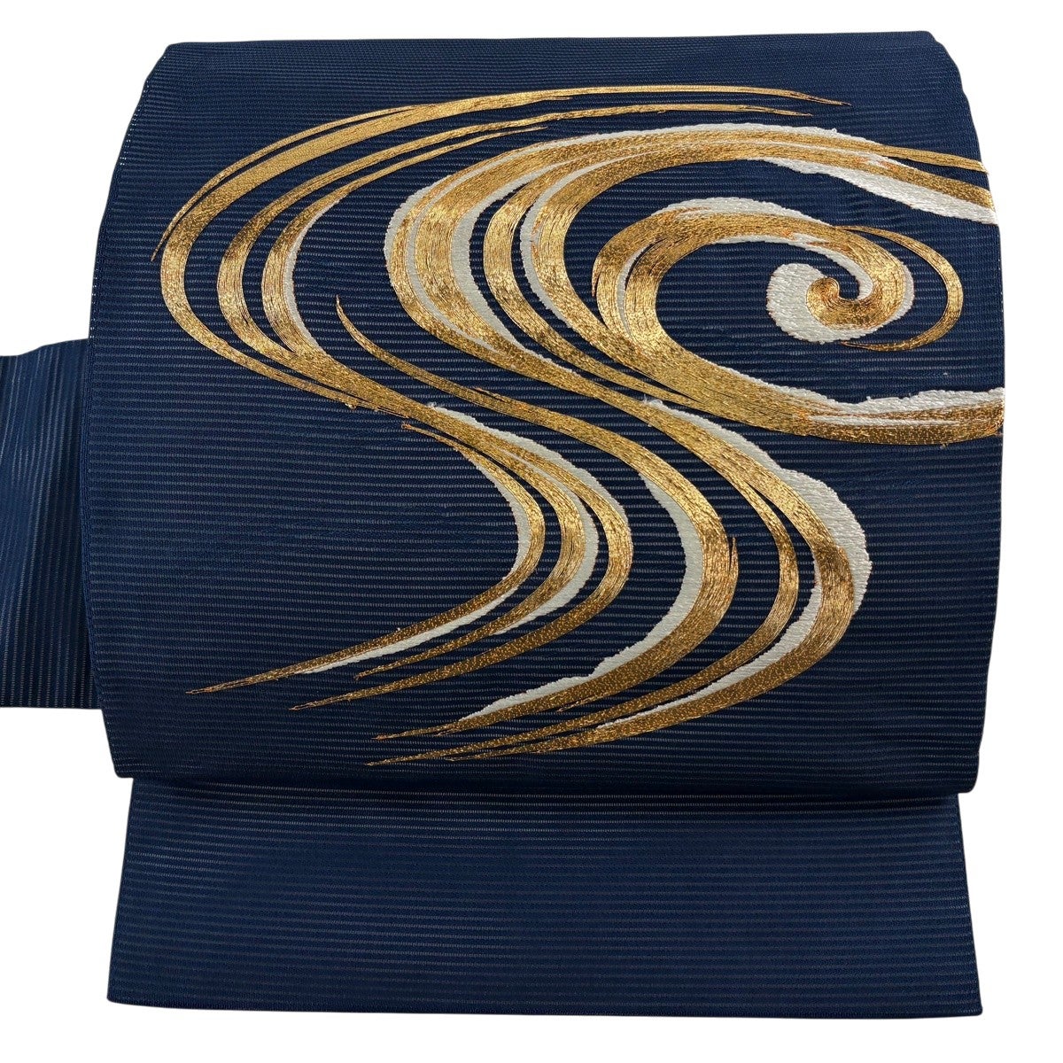 名古屋帯 優品 夏帯 絽 流水 金糸 刺繍 紺色 正絹｜中古・古着