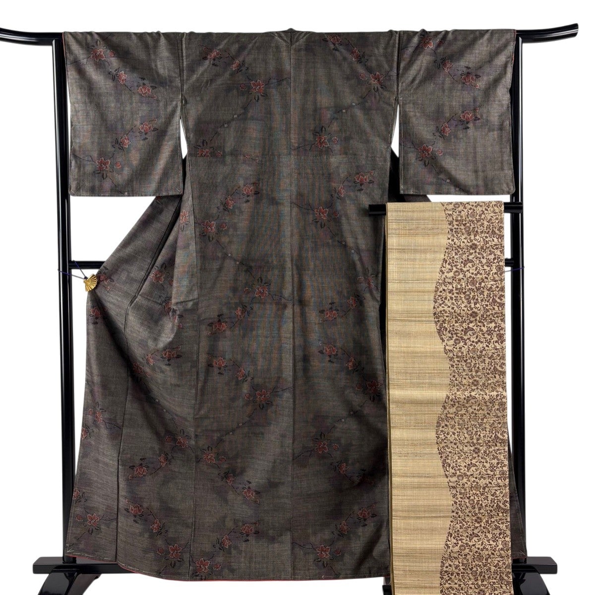 美品】 紬 身丈162cm 裄丈64cm M 袷 袋帯セット 菊 縦縞 墨色 正絹 秀