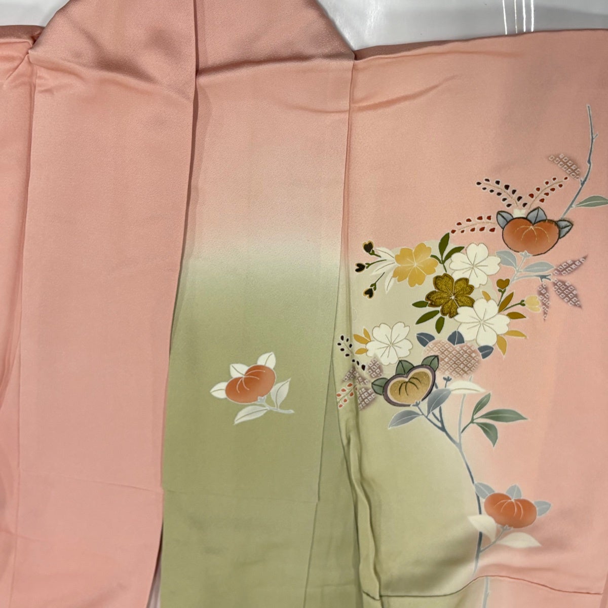 訪問着 身丈153.5cm 裄丈62cm S 袷 雪輪 橘花 金彩 染め分け 抹茶色
