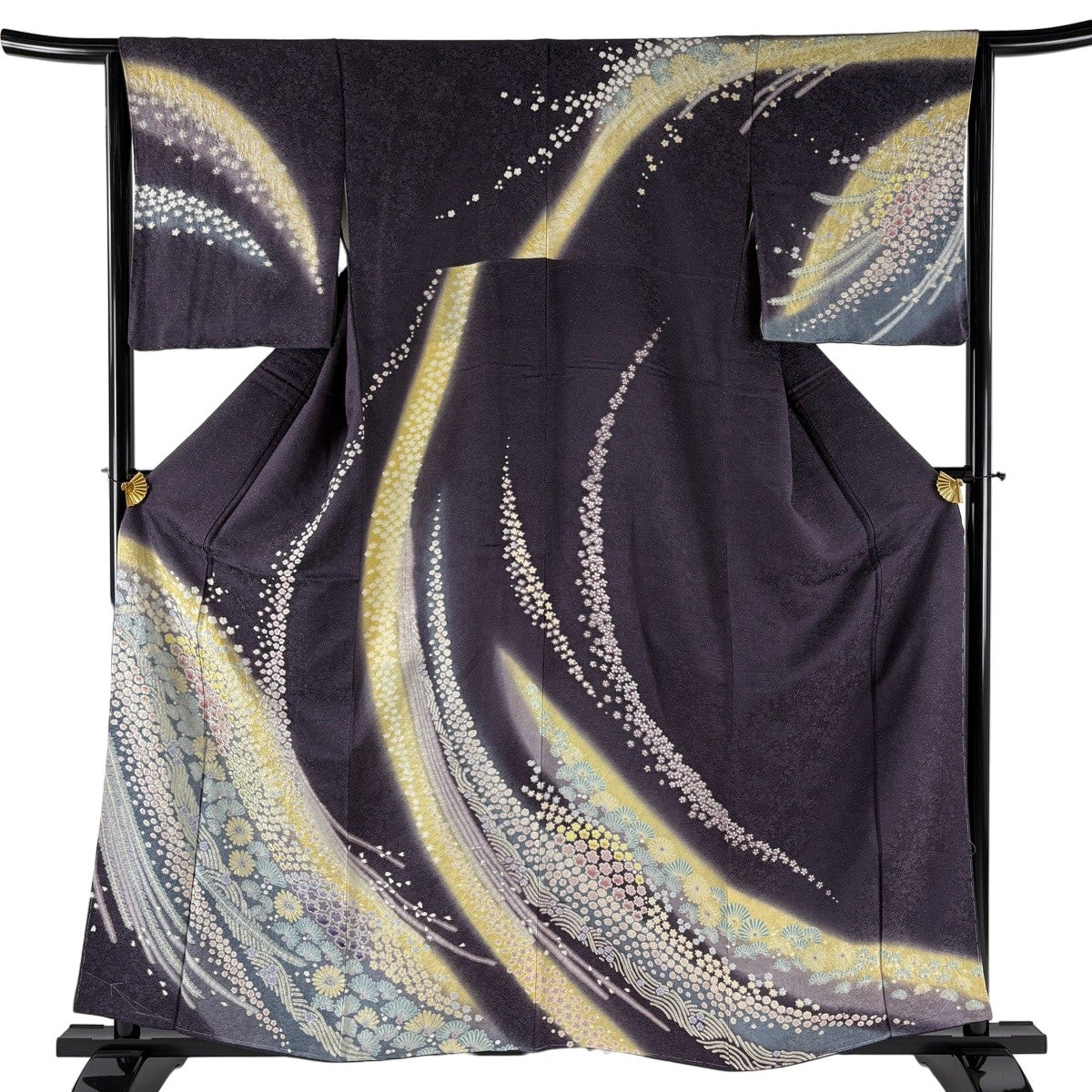 美品】 訪問着 身丈166.5cm 裄丈67cm M 袷 枝花 流水 絞り 黒 正絹