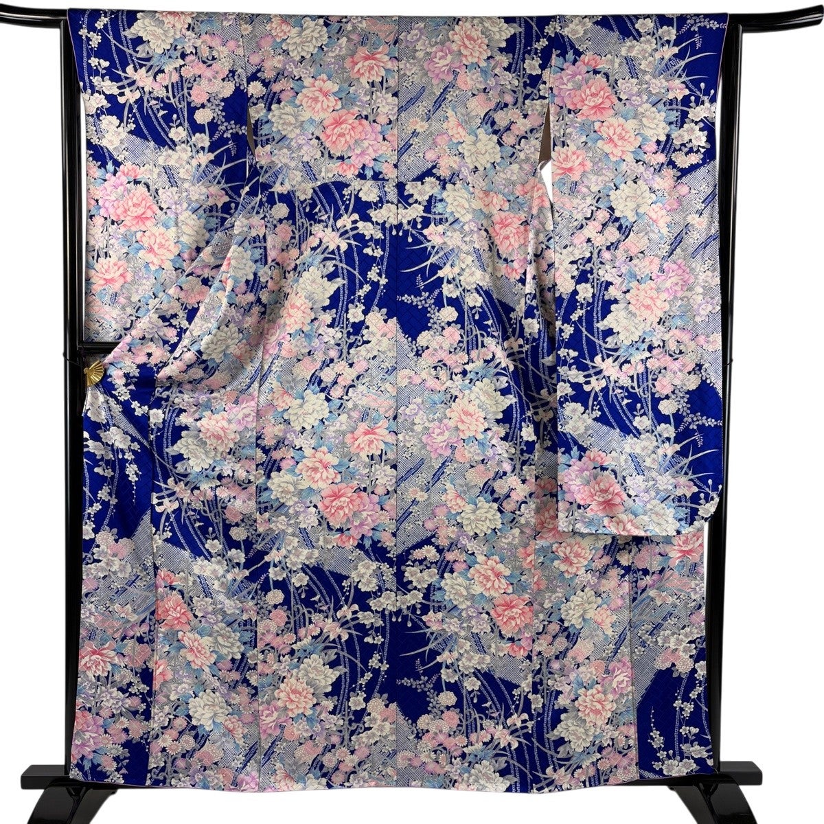 美品】 振袖 身丈159cm 裄丈63.5cm S 袷 牡丹 枝梅ー 青 正絹 優品