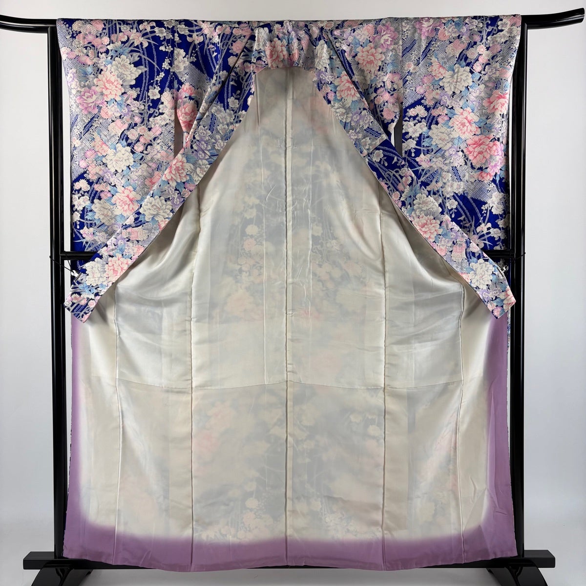 美品】 振袖 身丈159cm 裄丈63.5cm S 袷 牡丹 枝梅ー 青 正絹 優品