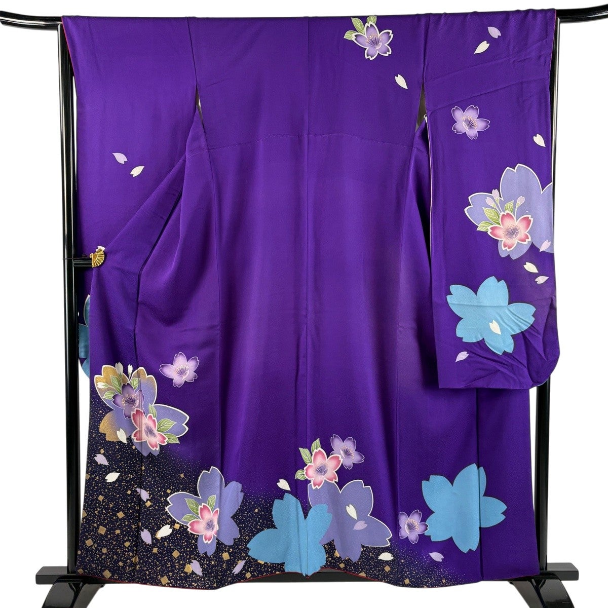 美品！金通し＊紫＊雪輪花文様＊桜＊ゴージャス＊中振袖＊１６４ｃｍ＊裄６６ 振袖 身丈168cm 裄丈67.5cm L 袷 桜 桜の花びら 金彩 ぼかし 紫 正絹
