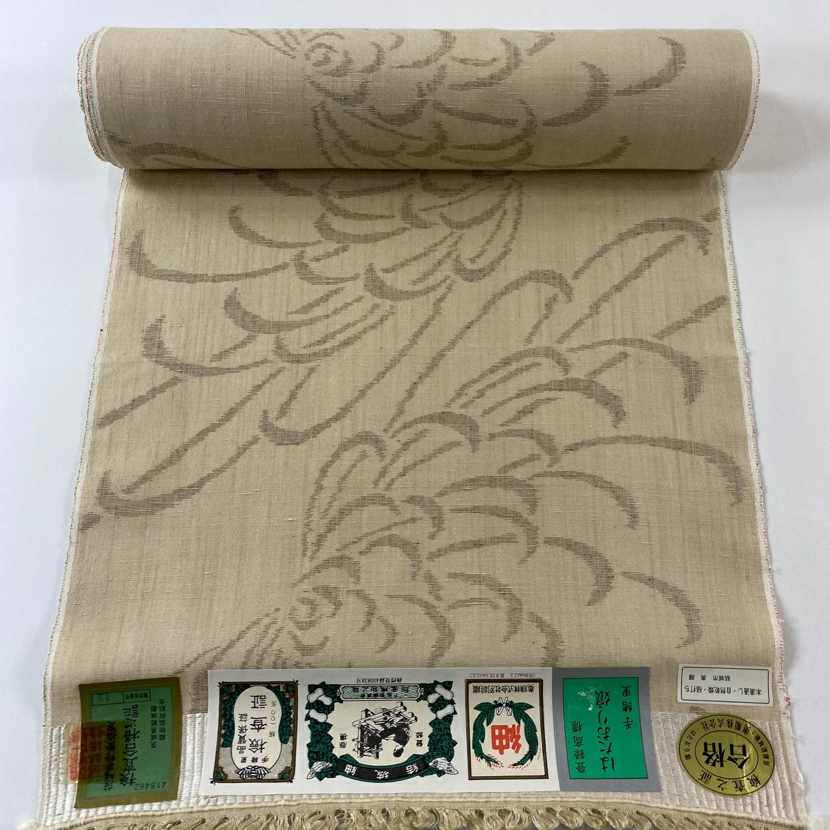 反物 逸品 結城紬 証紙 奥順 はたおり娘 菊 ベージュ 正絹 ｜中古