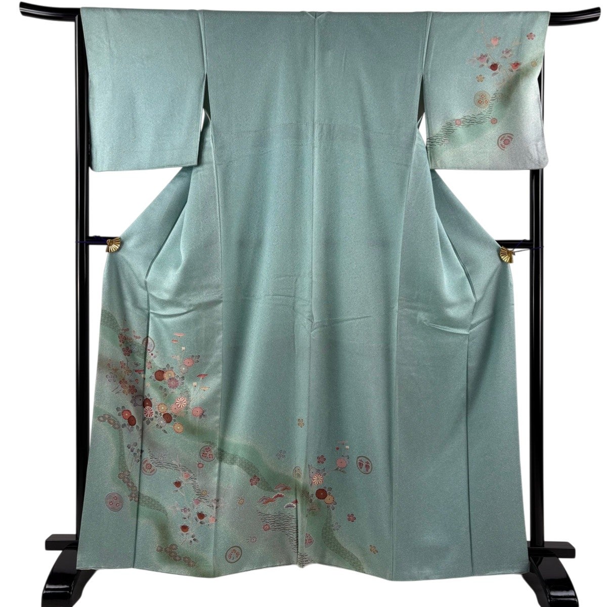 付下げ 身丈165cm 裄丈67cm M 袷 菊 梅 青緑 正絹 秀品｜中古・古着