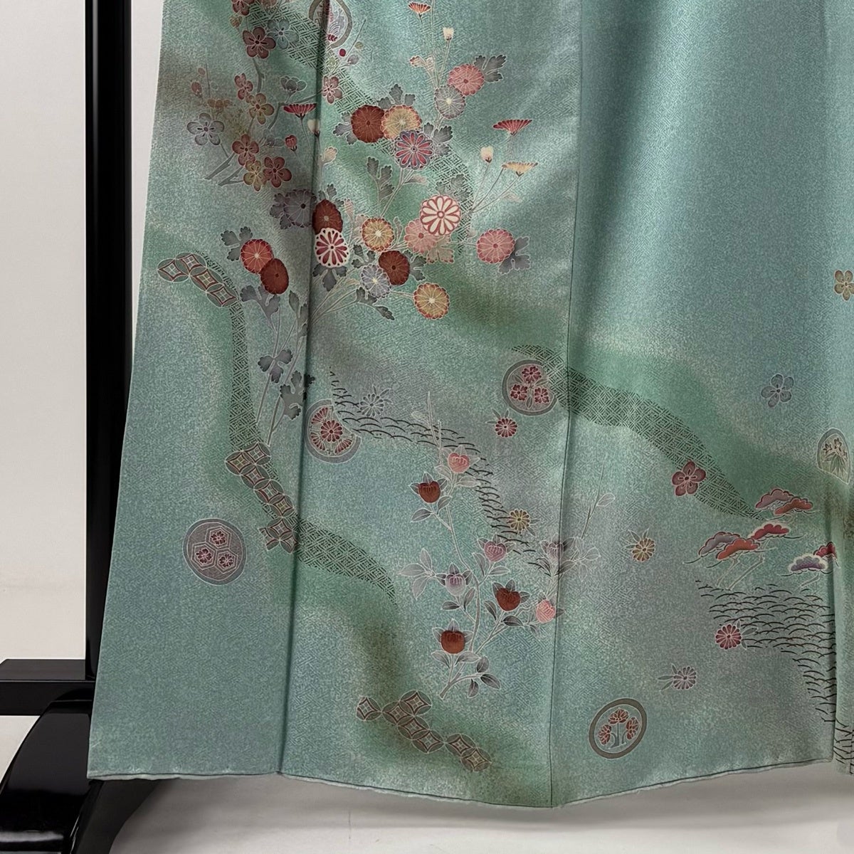 付下げ 身丈165cm 裄丈67cm M 袷 菊 梅 青緑 正絹 秀品｜中古・古着