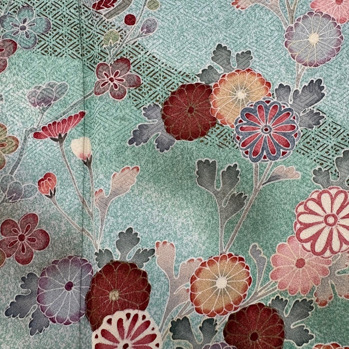 付下げ 身丈165cm 裄丈67cm M 袷 菊 梅 青緑 正絹 秀品｜中古・古着