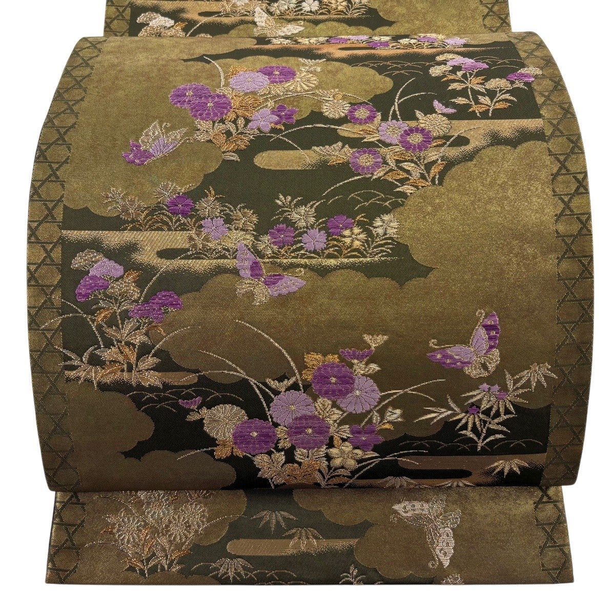 50%OFF 袋帯 逸品 帝王紫 落款あり 蝶 秋草 金銀糸 箔 金茶 お太鼓柄