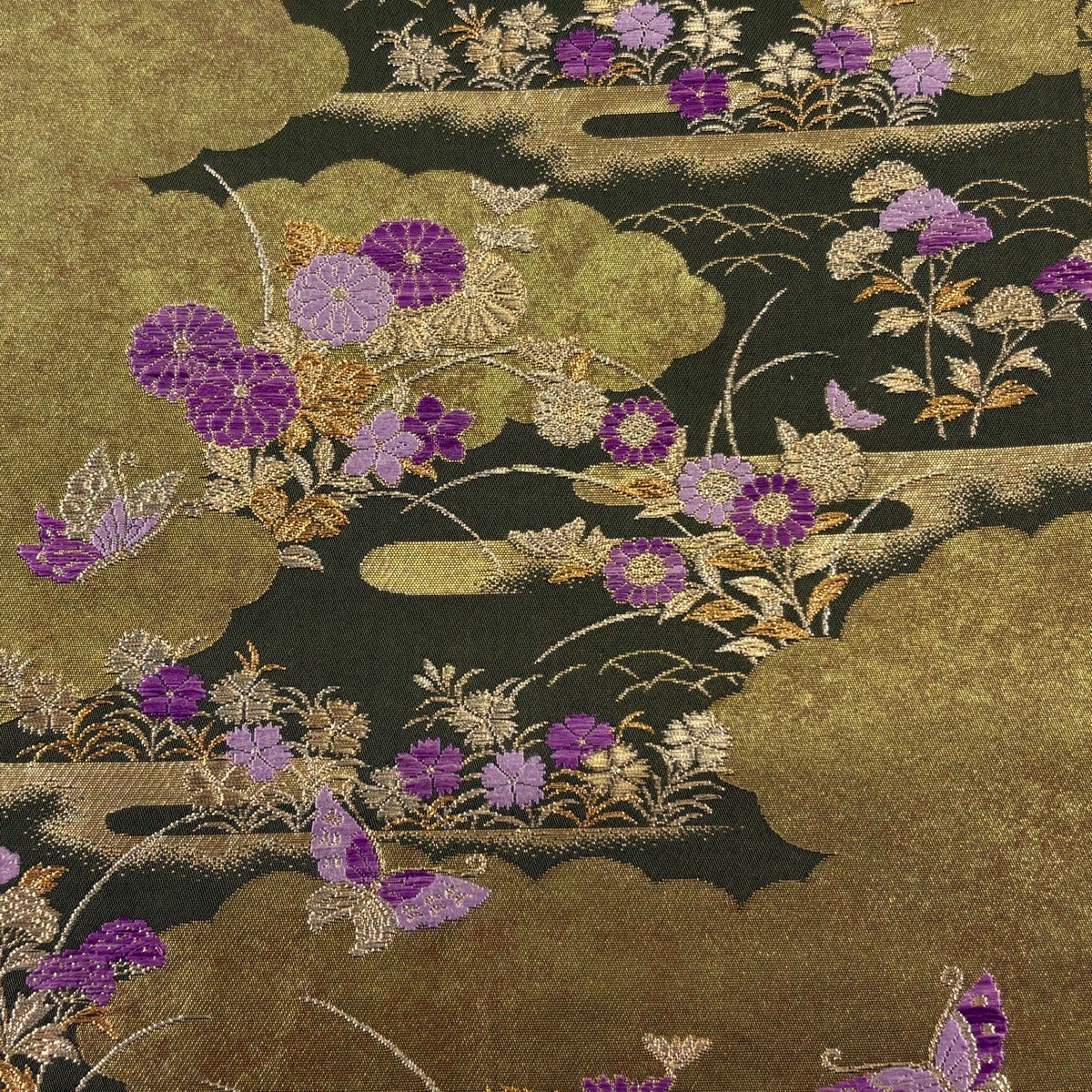 50%OFF 袋帯 逸品 帝王紫 落款あり 蝶 秋草 金銀糸 箔 金茶 お太鼓柄
