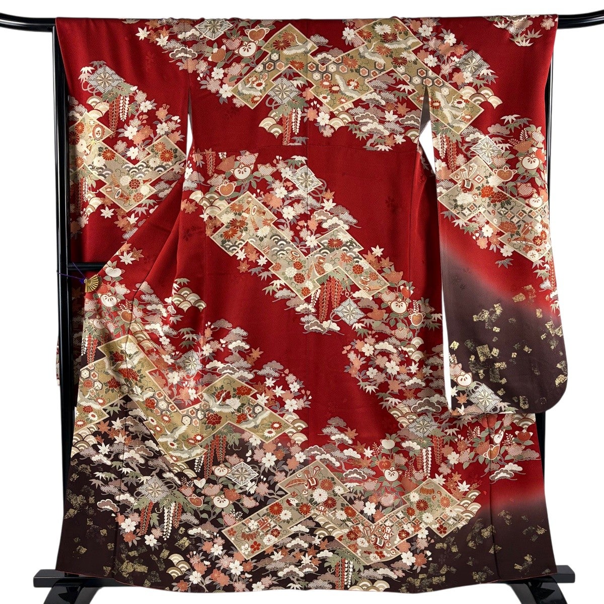 振袖 身丈159.5cm 裄丈67cm M 袷 鶴 桜 金糸 金彩 赤 正絹 名品｜中古