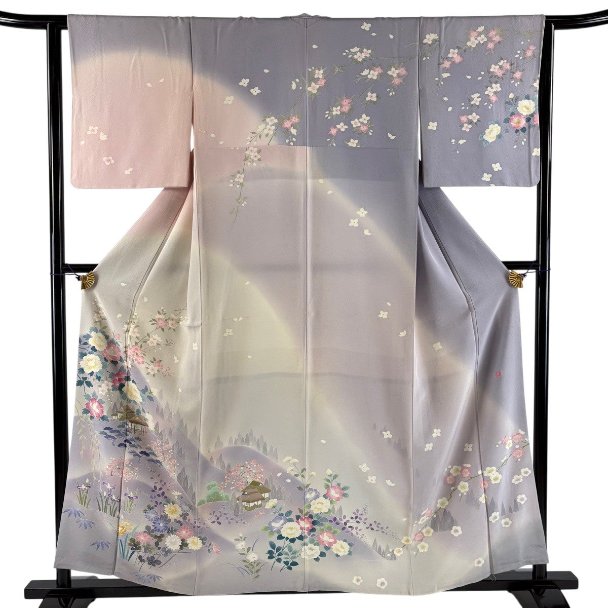 美品 訪問着 白山紬 撒き糊地 身丈160.5cm 裄丈64.5cm 白黒 正絹 訪問着 身丈158.5cm 裄丈66cm M 袷 桜 枝葉 金彩 ぼかし 茶緑色 正絹