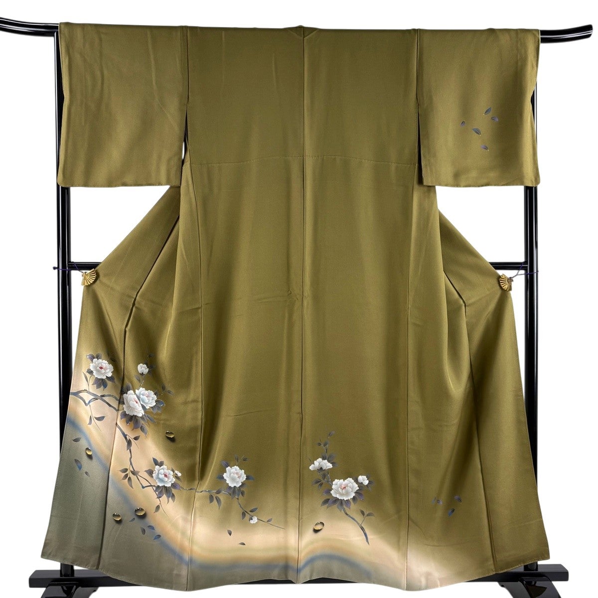 訪問着 身丈158.5cm 裄丈66cm M 袷 雫 枝花 金彩 螺鈿 茶緑色 正絹 秀