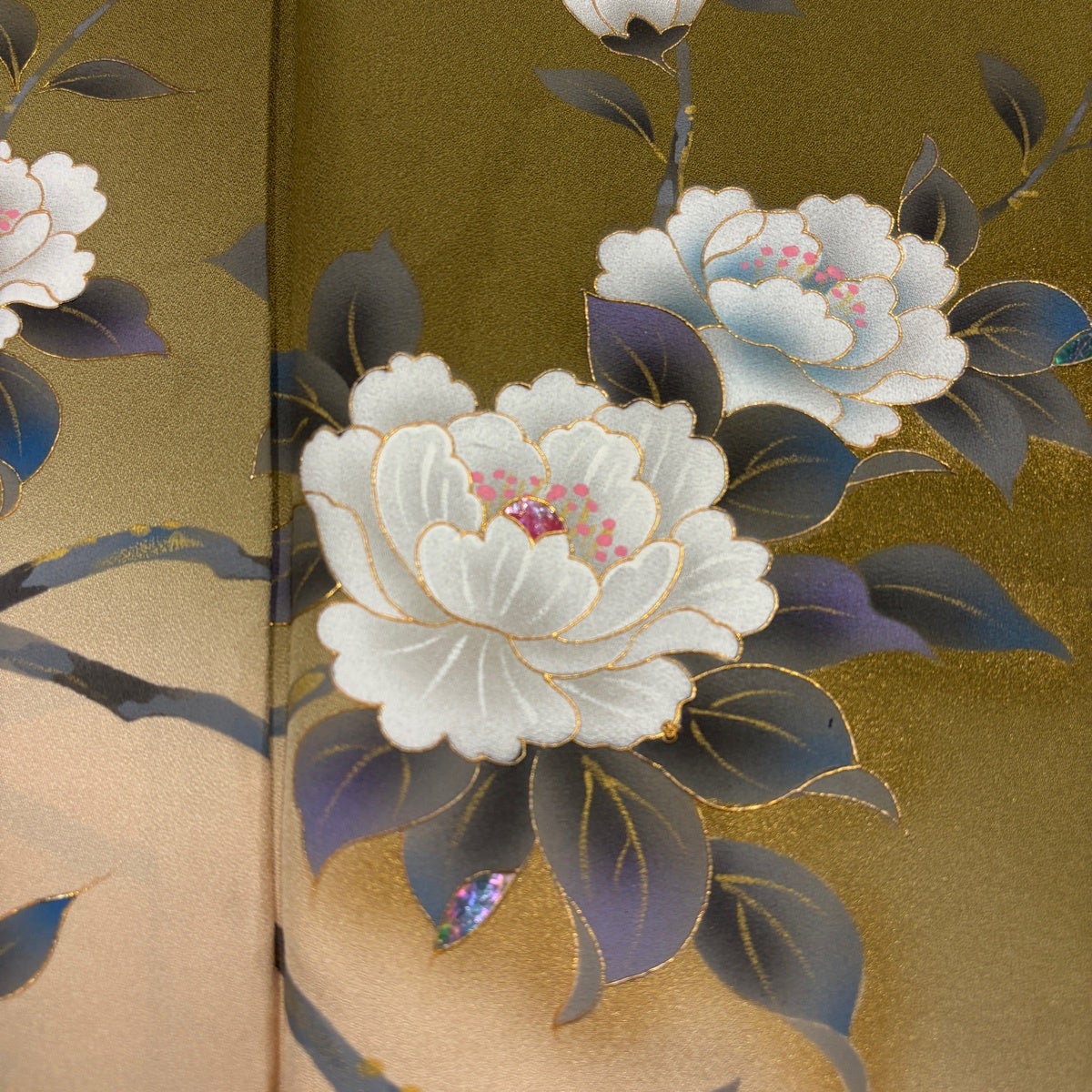 訪問着 身丈158.5cm 裄丈66cm M 袷 雫 枝花 金彩 螺鈿 茶緑色 正絹 秀