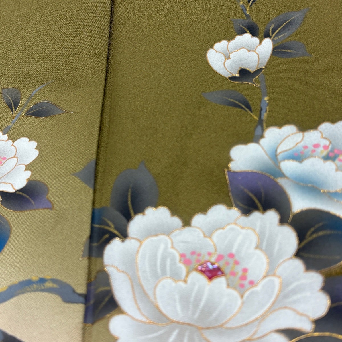 訪問着 身丈158.5cm 裄丈66cm M 袷 雫 枝花 金彩 螺鈿 茶緑色 正絹 秀
