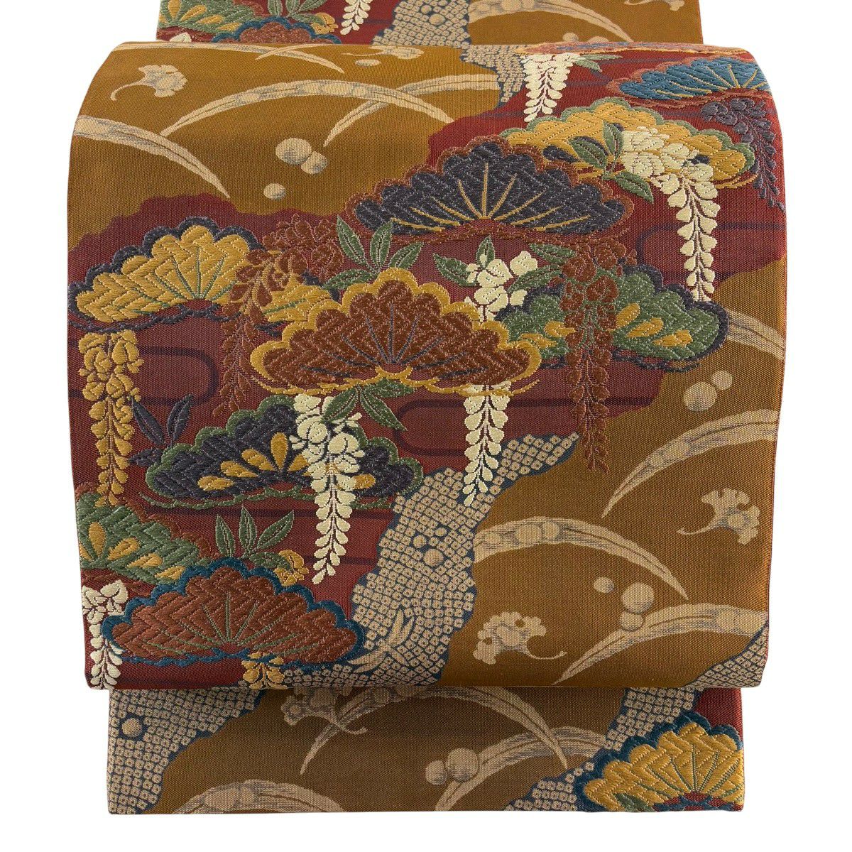 袋帯 名品 花井幸子 落款あり 松竹梅 市松 唐織 薄茶色 お太鼓柄 袋帯 名品 花井幸子 落款あり 松竹梅 市松 唐織 薄茶色 お太鼓柄