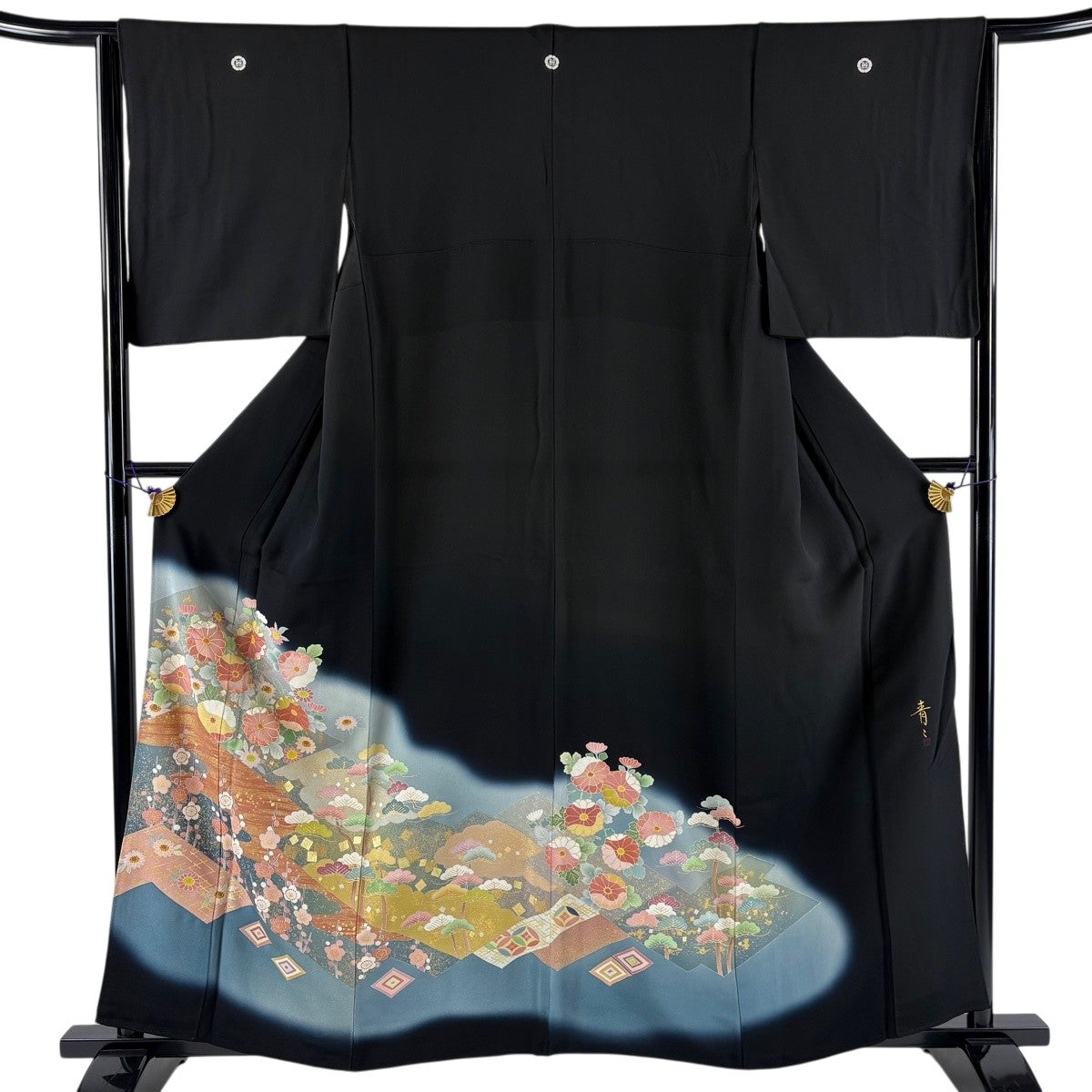 黒留袖 身丈159cm 裄丈64cm M 袷 松井青々 落款あり 菊 枝梅 金糸 刺繍