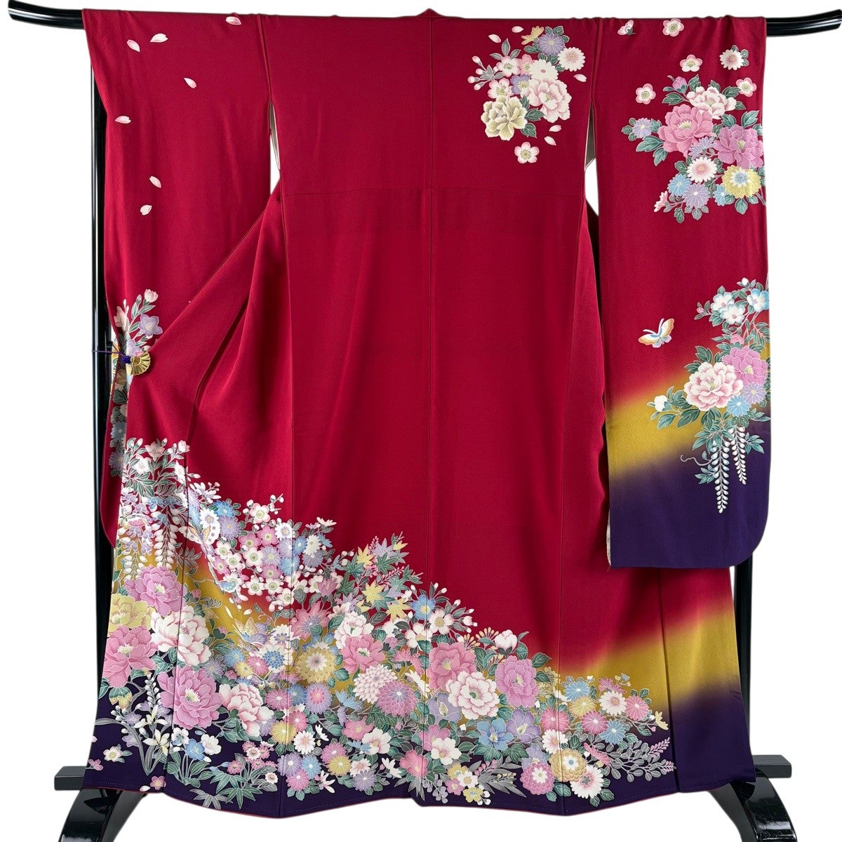 美品】 振袖 身丈161.5cm 裄丈68cm L 袷 蝶 枝花 染め分け ぼかし 赤
