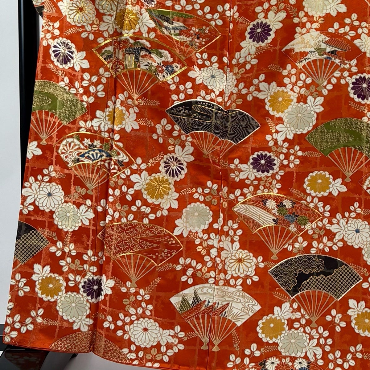 振袖 身丈164cm 裄丈65cm M 袷 扇 菊 金糸 金彩 オレンジ 正絹 秀品