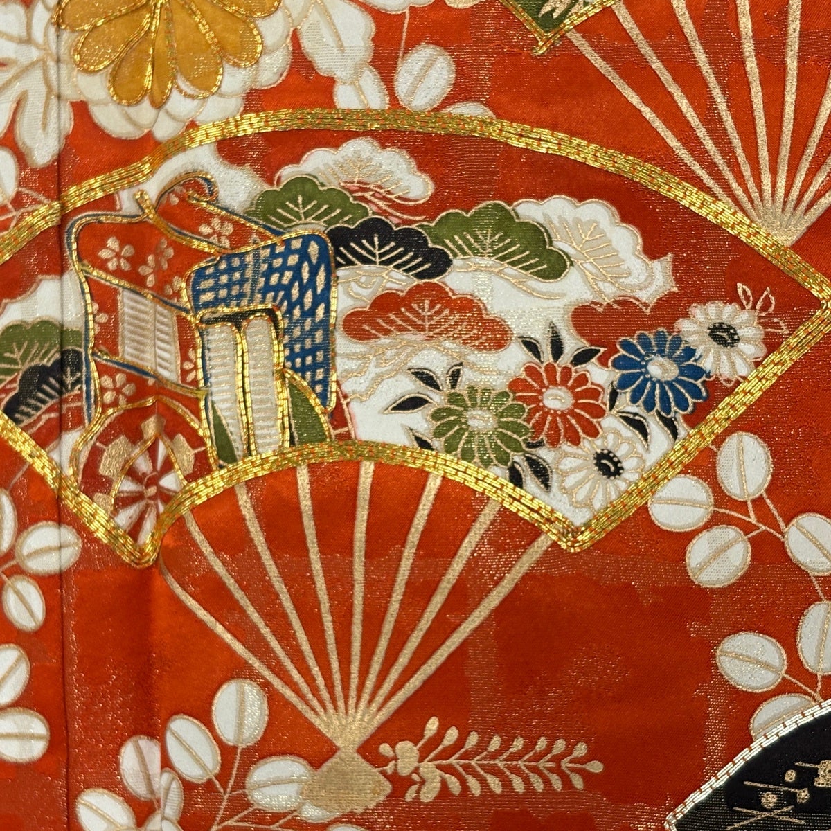 振袖 身丈164cm 裄丈65cm M 袷 扇 菊 金糸 金彩 オレンジ 正絹 秀品