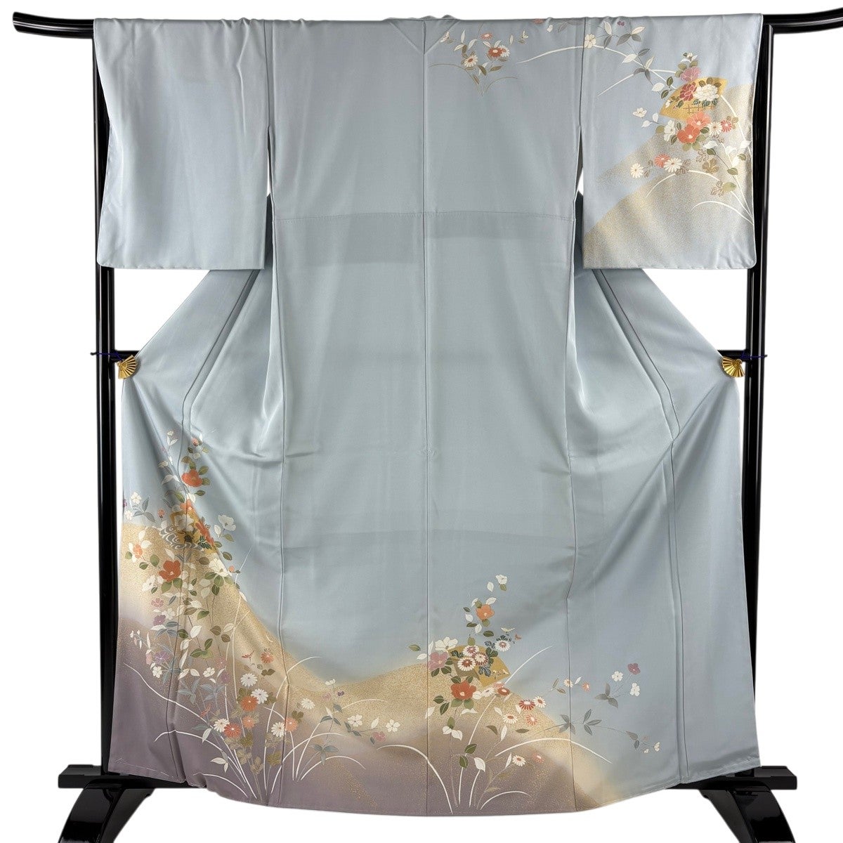訪問着 身丈163cm 裄丈66cm M 袷 扇面 笹 金彩 ぼかし 灰色 正絹 名品