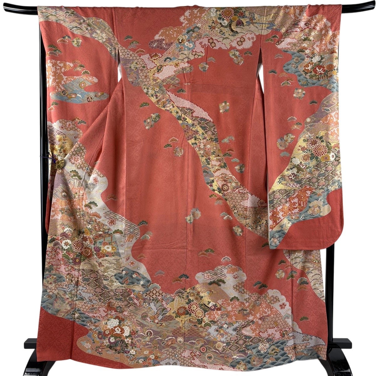 振袖 身丈166cm 裄丈68cm L 袷 草花 霞 金彩 ピンク 正絹 秀品｜中古