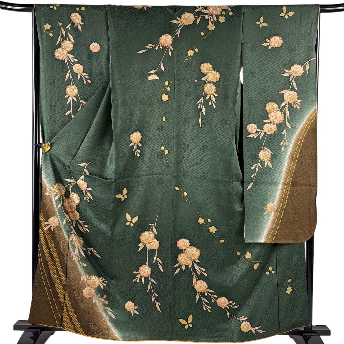 振袖 身丈161.5cm 裄丈66.5cm M 袷 桜 疋田 刺繍 染め分け 深緑 正絹