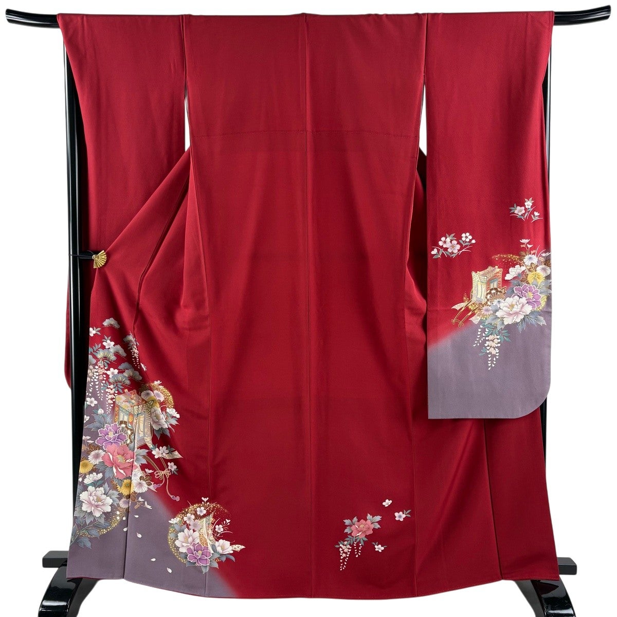 美品】 振袖 身丈166.5cm 裄丈68cm L 袷 御所車 牡丹 金彩 染め分け 赤