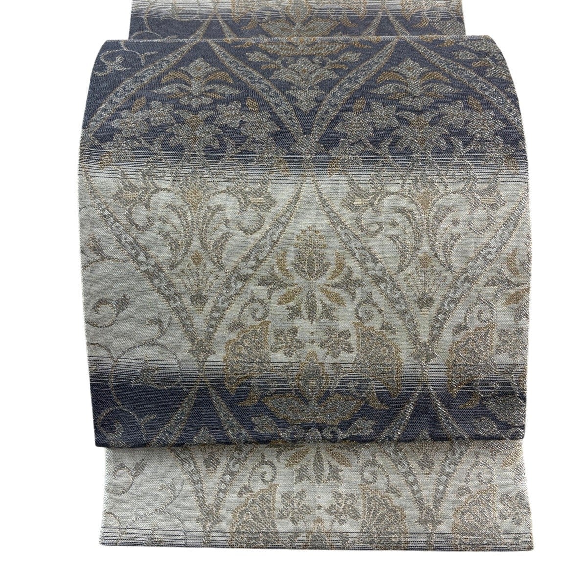 美品】 袋帯 秀品 落款あり 花唐草 霞 金銀糸 箔 灰緑 六通 正絹｜中古