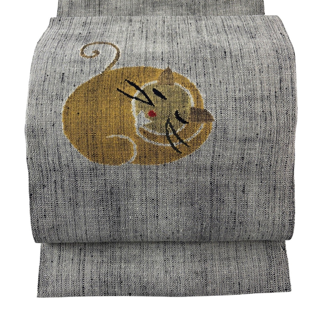 美品】 名古屋帯 名品 八寸名古屋帯 松葉仕立て 猫 箔 灰色 正絹｜中古