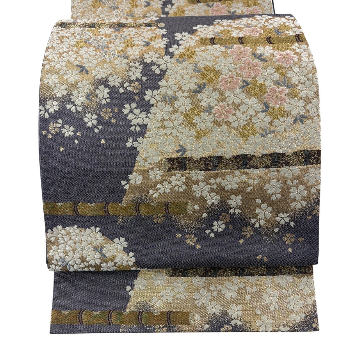 袋帯 秀品 草花 幾何学模様 金銀糸 箔 ベージュ 六通 正絹｜中古・古着
