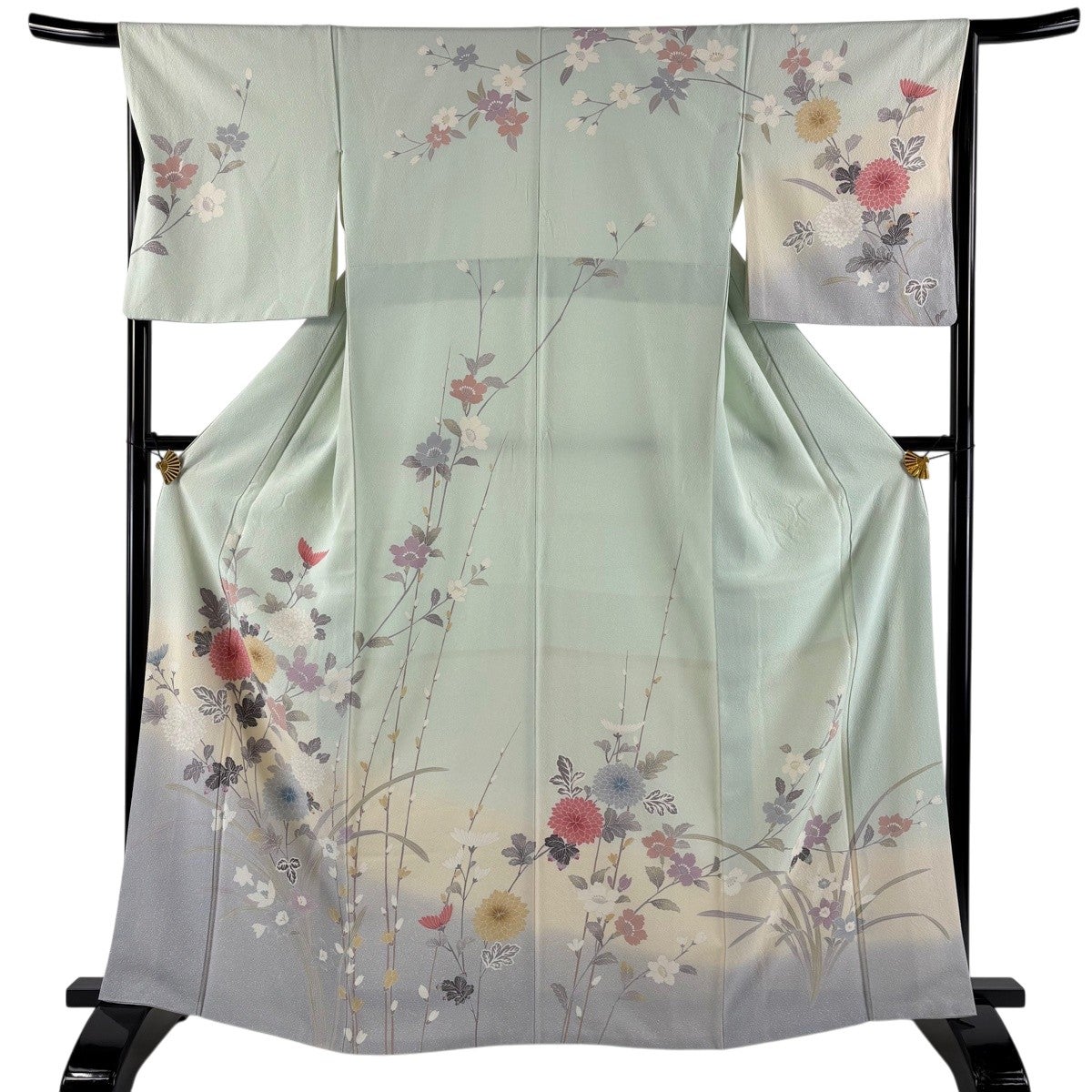 訪問着 身丈164cm 裄丈66.5cm M 袷 菊 染め分け ぼかし 灰緑 正絹 名品