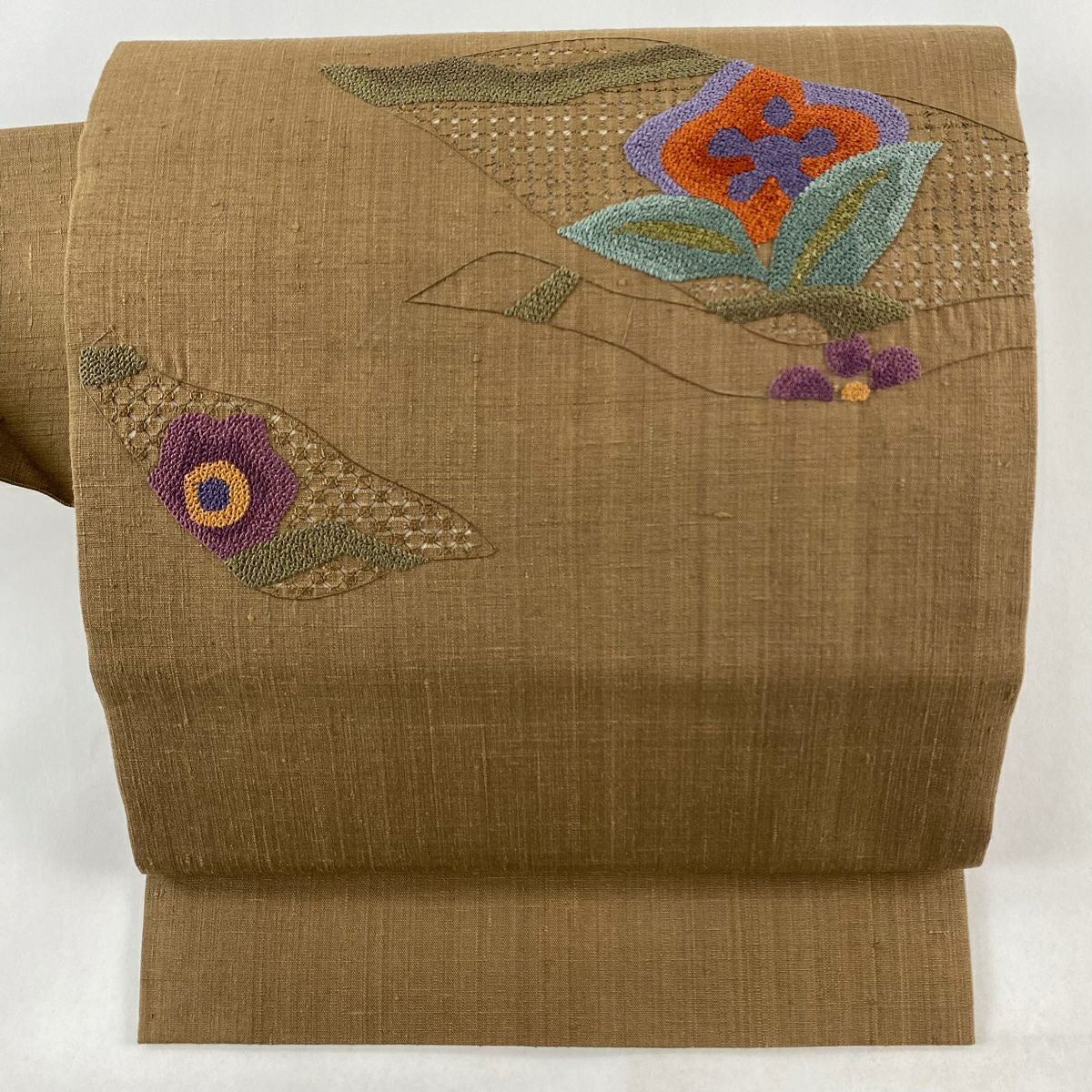 未使用品　洒落袋帯　紬地　汕頭刺繍　相良刺繍　ブルー 未使用品 洒落袋帯 紬地 汕頭刺繍 相良刺繍 ブルー ドークブア□九寸