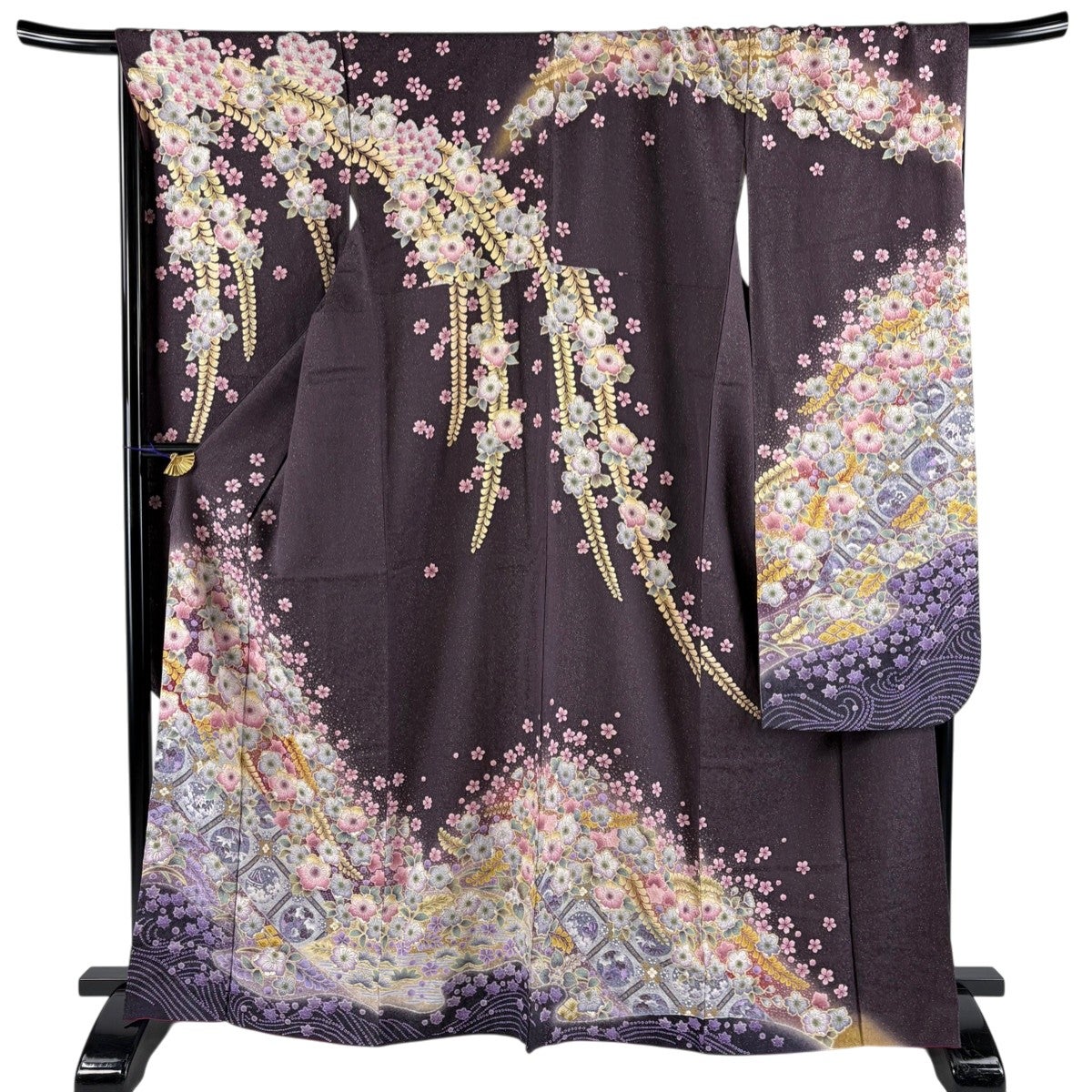 美品】 振袖 身丈166cm 裄丈68.5cm L 袷 桜 格天井 金通し 金銀彩 灰紫