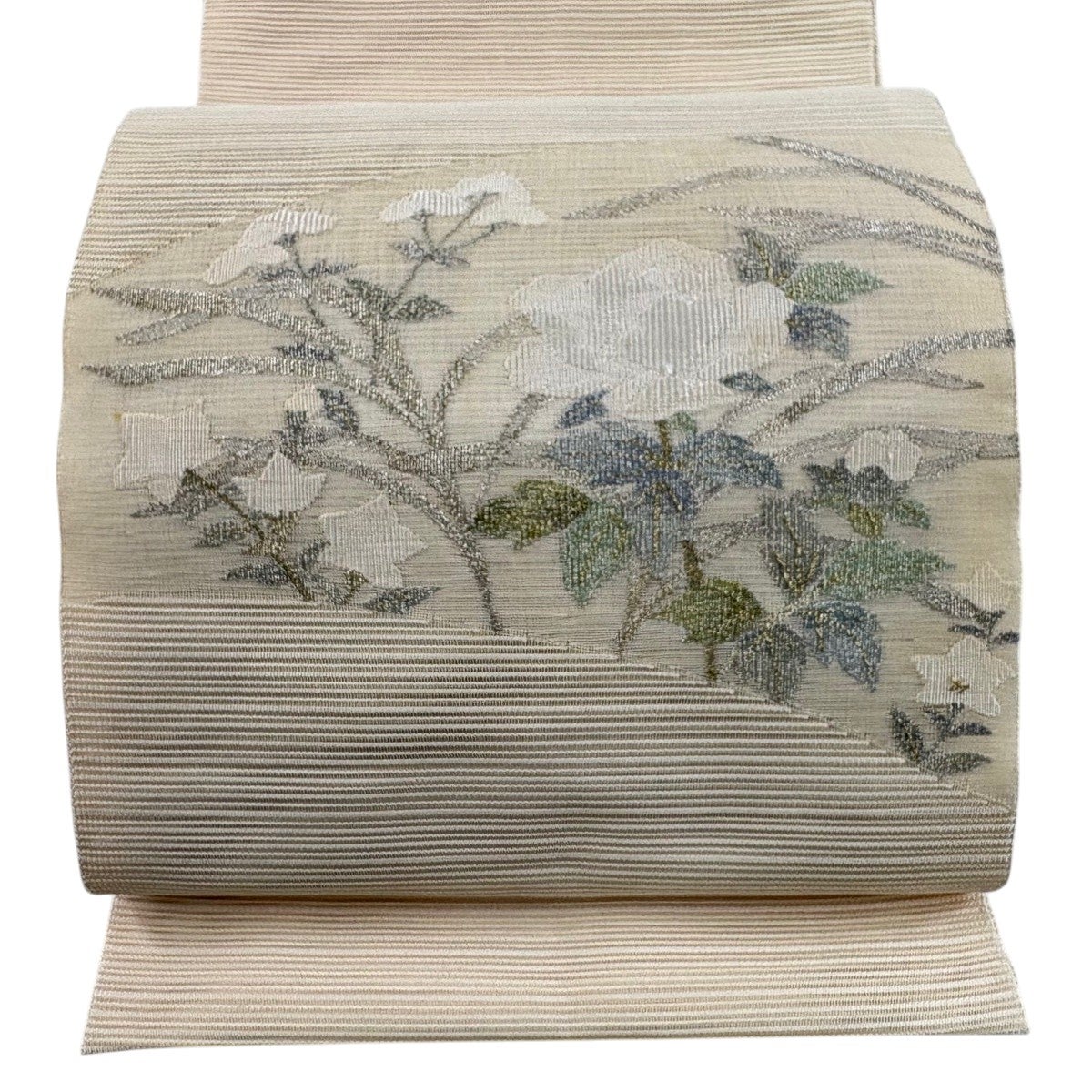 名古屋帯 秀品 夏帯 絽 八寸名古屋帯 松葉仕立て 草花 金銀糸 クリーム