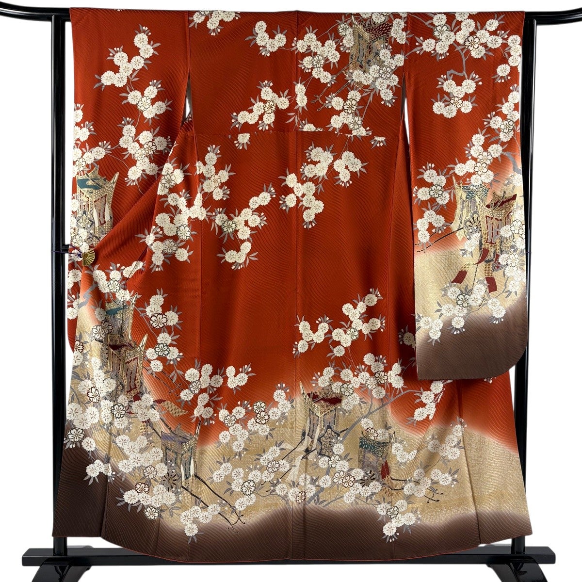 美品】 振袖 身丈156cm 裄丈62.5cm S 袷 御所車 桜 金彩 ぼかし 朱色