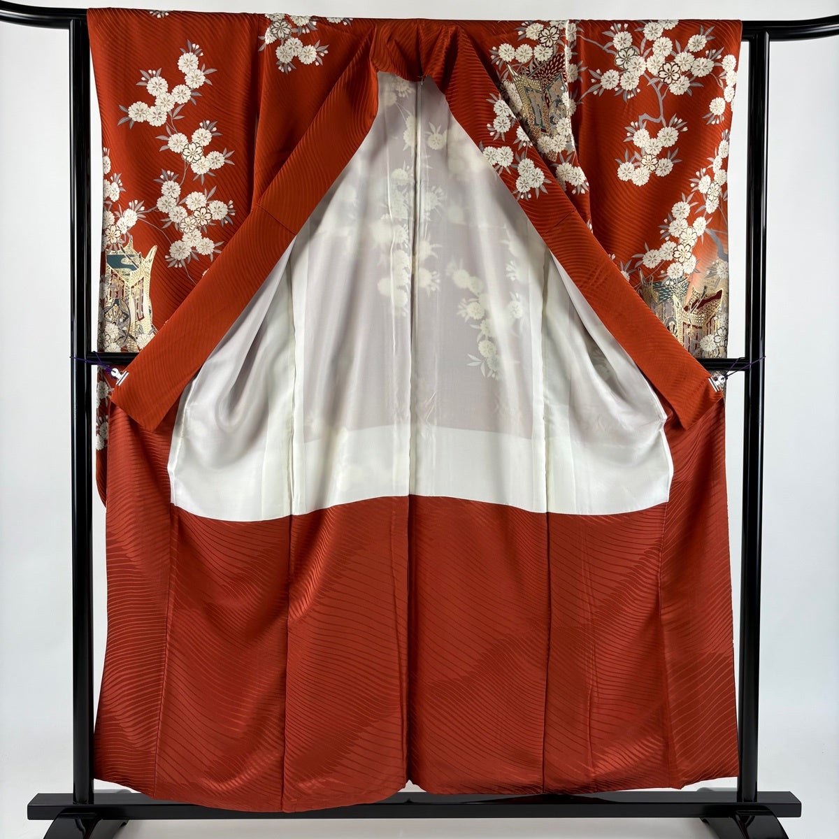 美品】 振袖 身丈156cm 裄丈62.5cm S 袷 御所車 桜 金彩 ぼかし 朱色