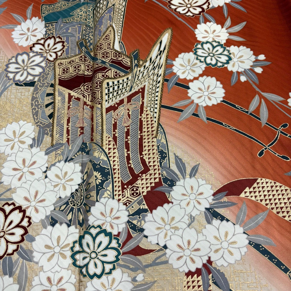 美品】 振袖 身丈156cm 裄丈62.5cm S 袷 御所車 桜 金彩 ぼかし 朱色