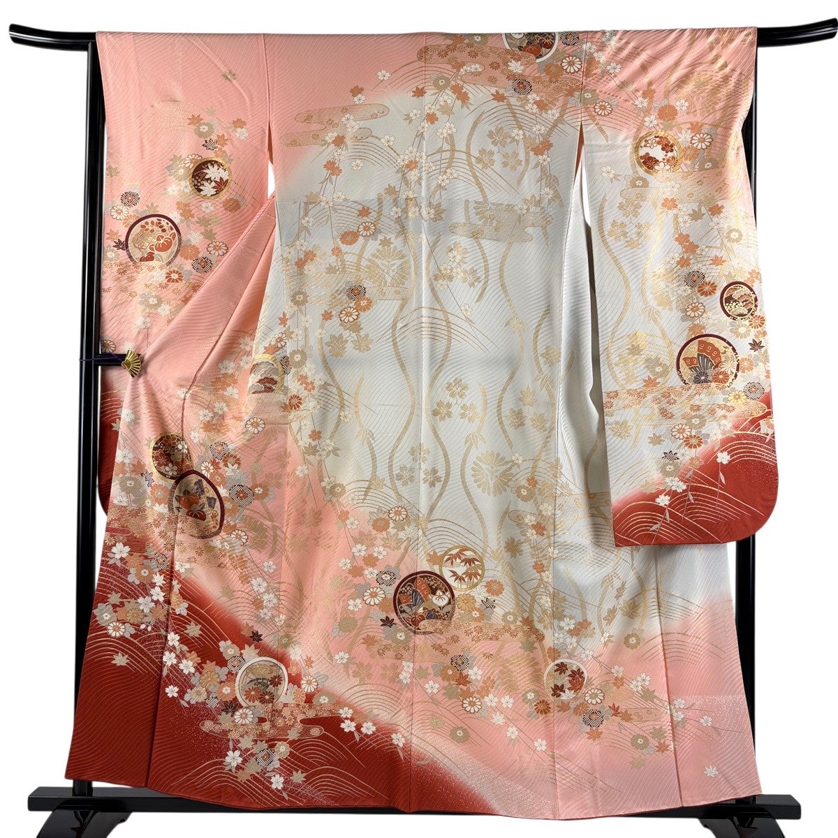 振袖 身丈157.5cm 裄丈65.5cm M 袷 蝶 桜 金彩 ぼかし ピンク 正絹 秀