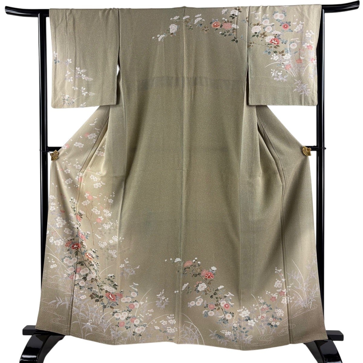 美品】 訪問着 身丈161.5cm 裄丈65cm M 袷 枝梅 椿 金彩 ぼかし 鶯色