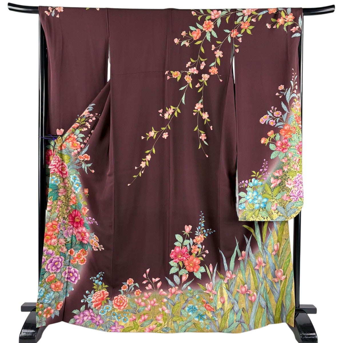 振袖 身丈168cm 裄丈67cm M 袷 草花 金彩 ぼかし 茶紫 正絹 秀品｜中古