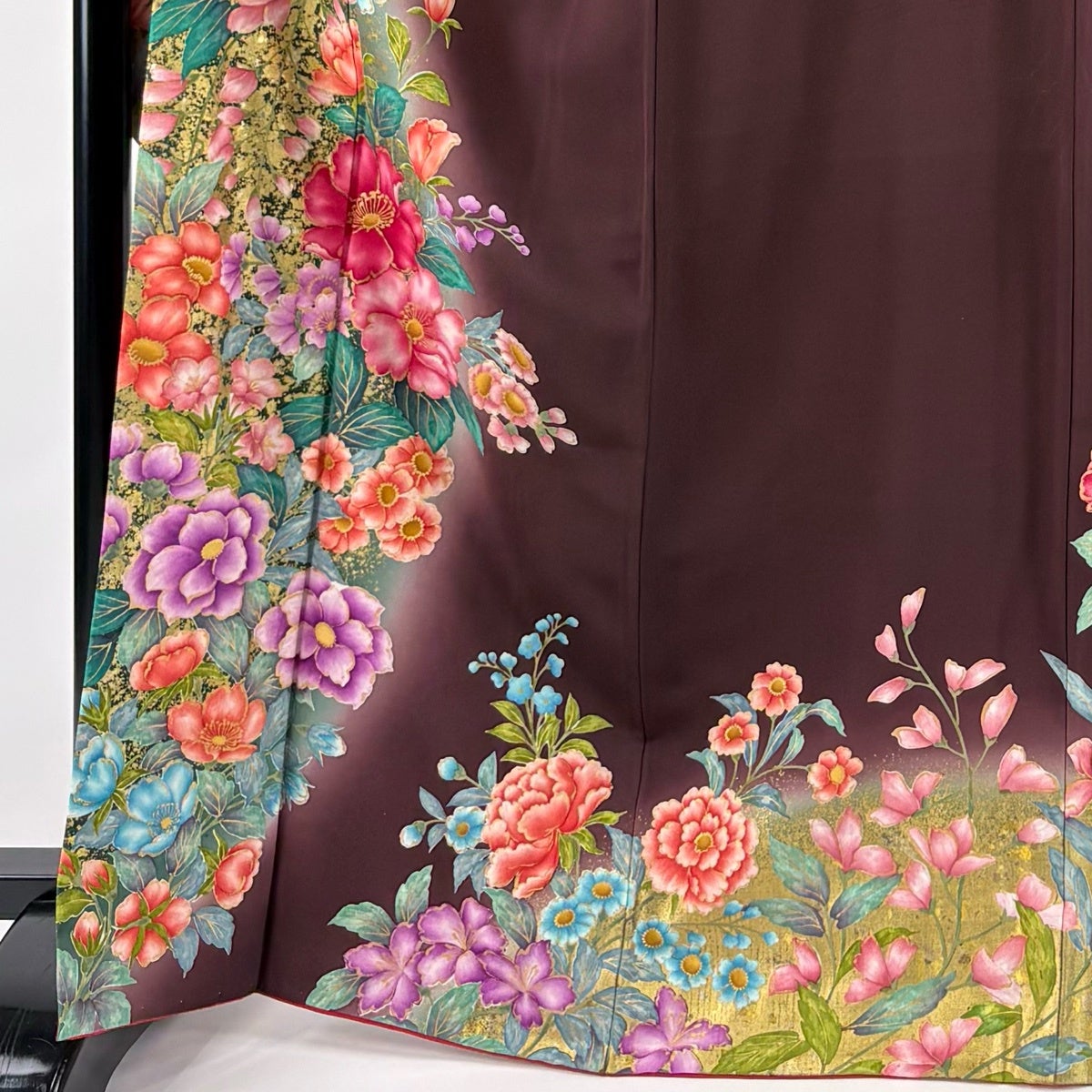 振袖 身丈168cm 裄丈67cm M 袷 草花 金彩 ぼかし 茶紫 正絹 秀品｜中古